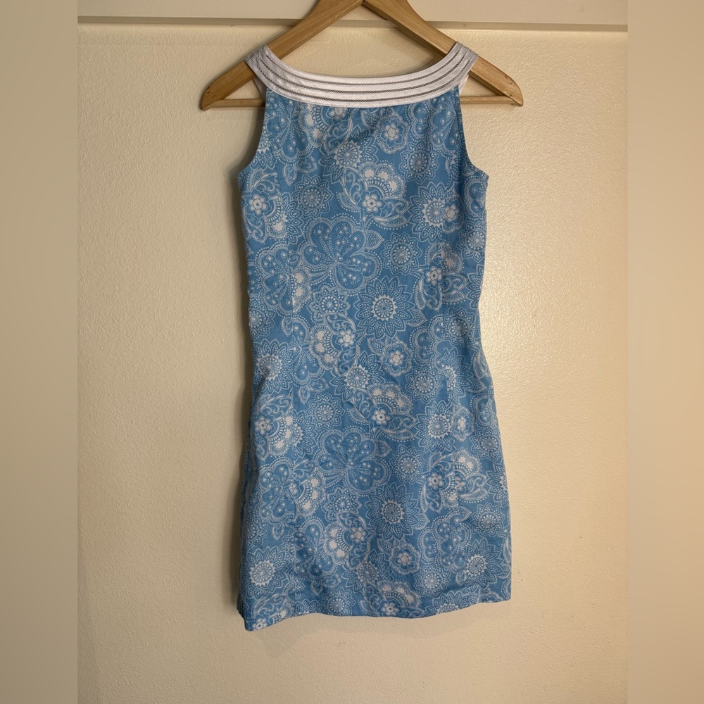 LOFT Light Blue Paisley Sleeveless Mini Dress with White Crochet Trim - Picture 6 of 8